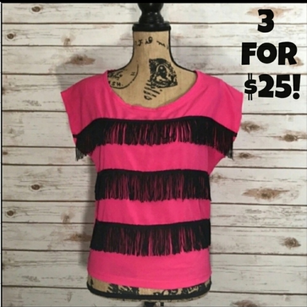 Tea n Rose Neon Pink Black Fringe Retro Top S